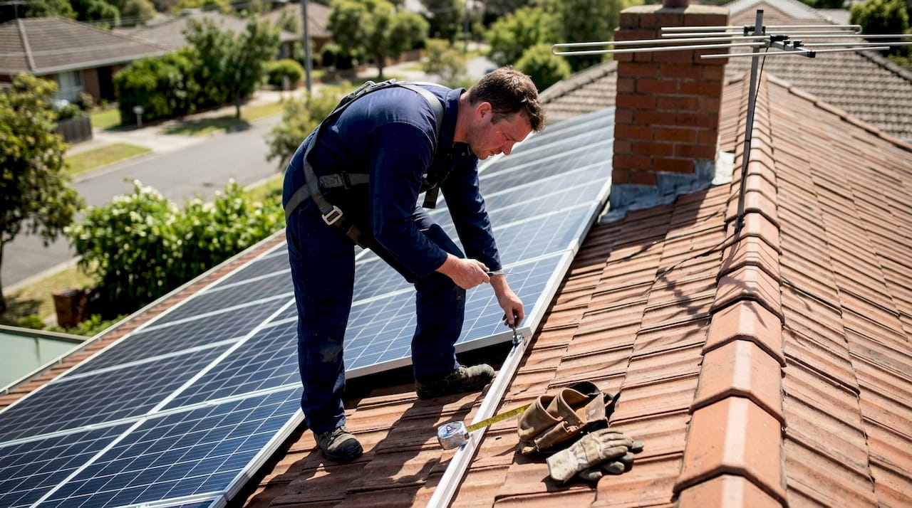 Un technicien effectue le contrôle d’une installation de panneaux solaires sur le toit.