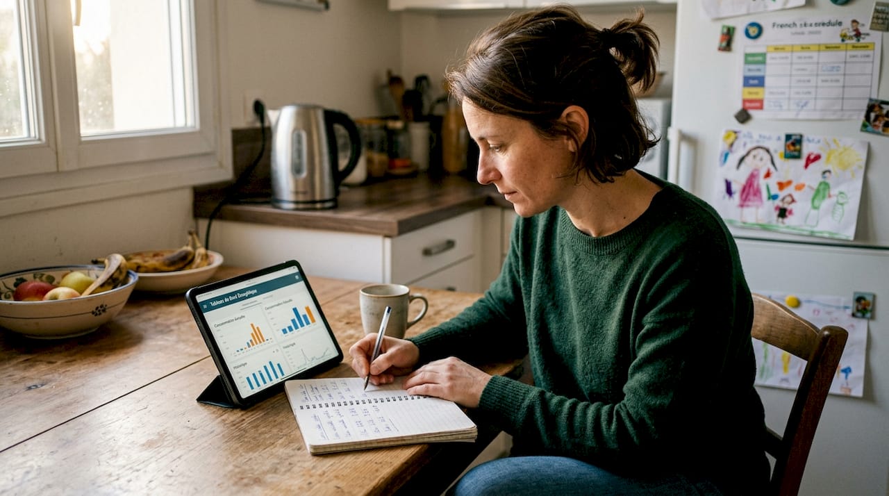 Propriétaire examinant les performances de son gestionnaire d’énergie dans la cuisine