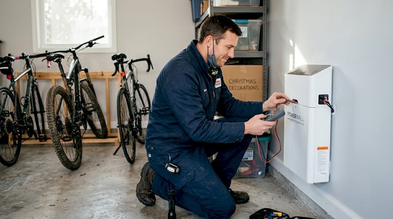 Technician inspecting battery in cluttered home garage