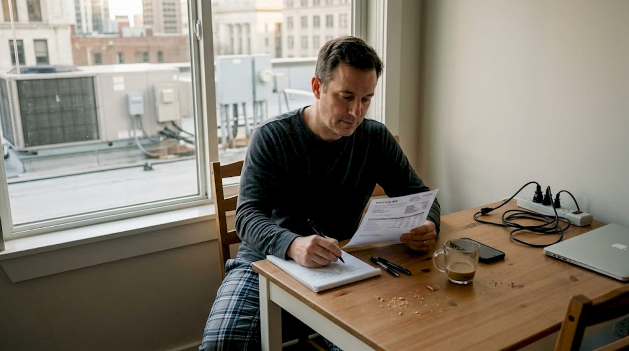 Man at table reviewing energy bill near city industry