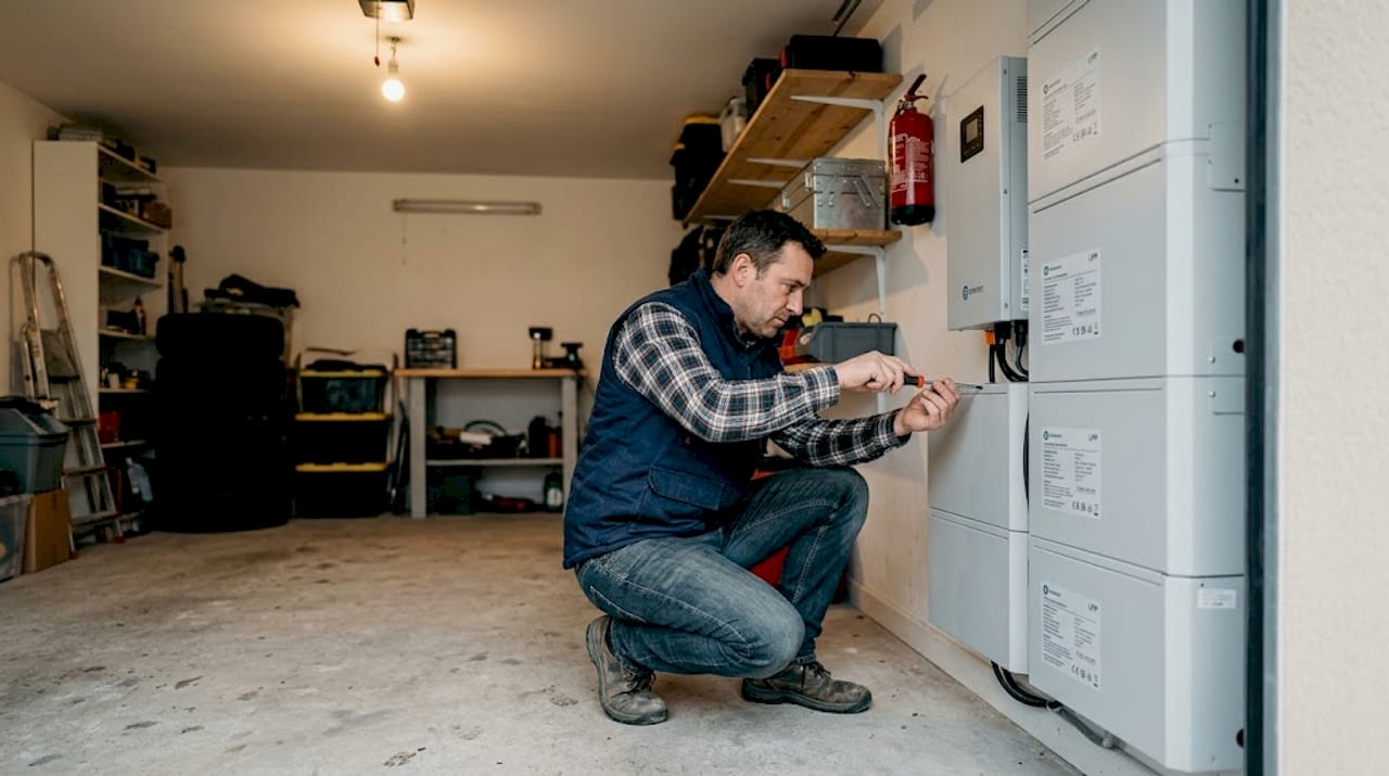 Un professionnel installe une batterie LFP dans le garage d’une maison.