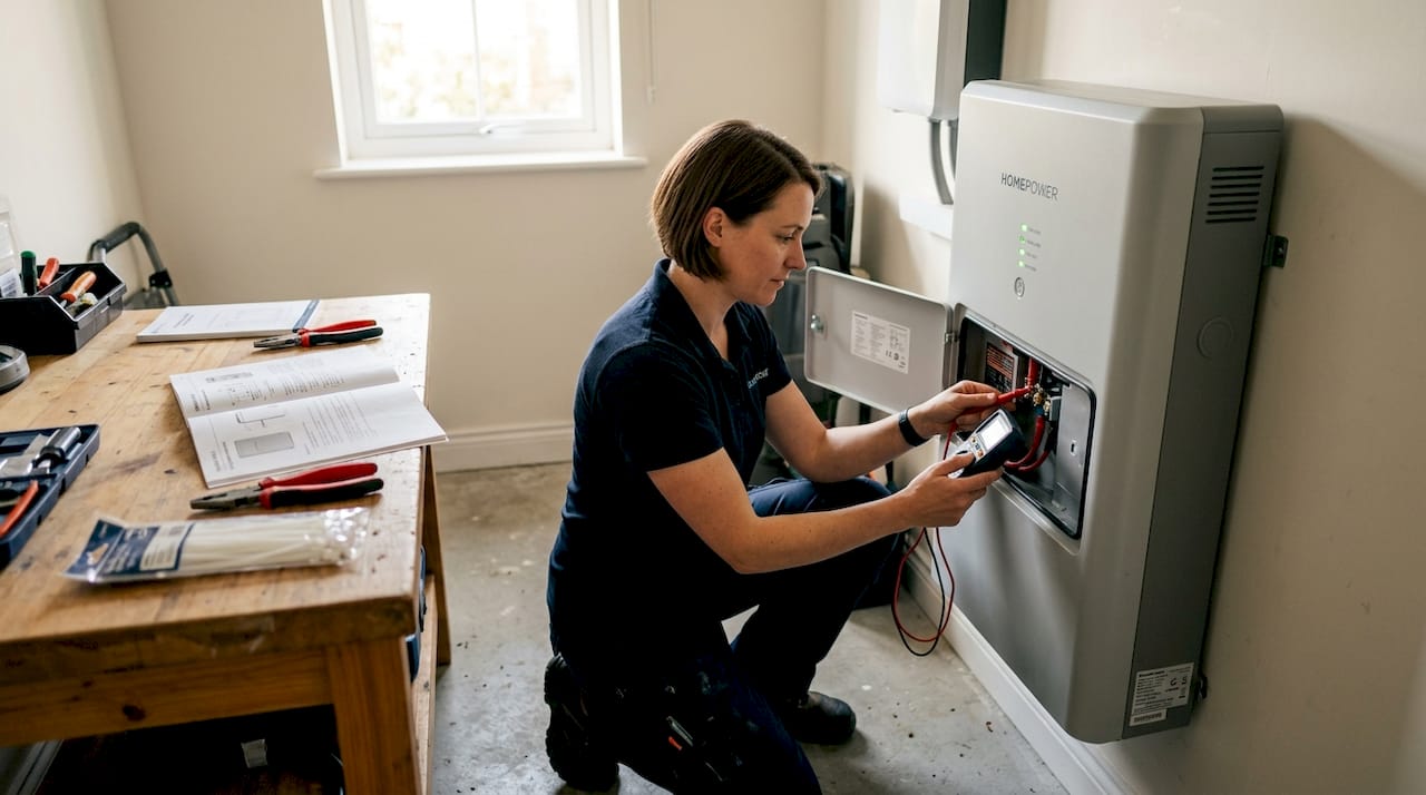 Technician checking wall-mounted home battery