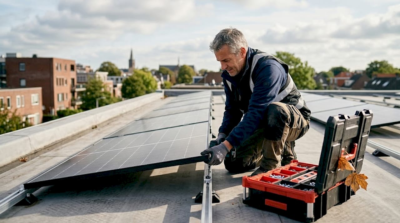 Un professionnel en train d’installer un panneau solaire monocristallin sur une toiture.
