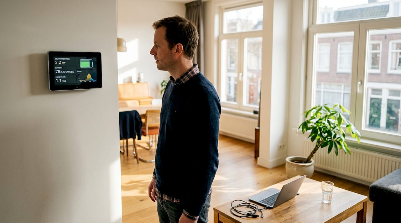Man checks home energy monitor display