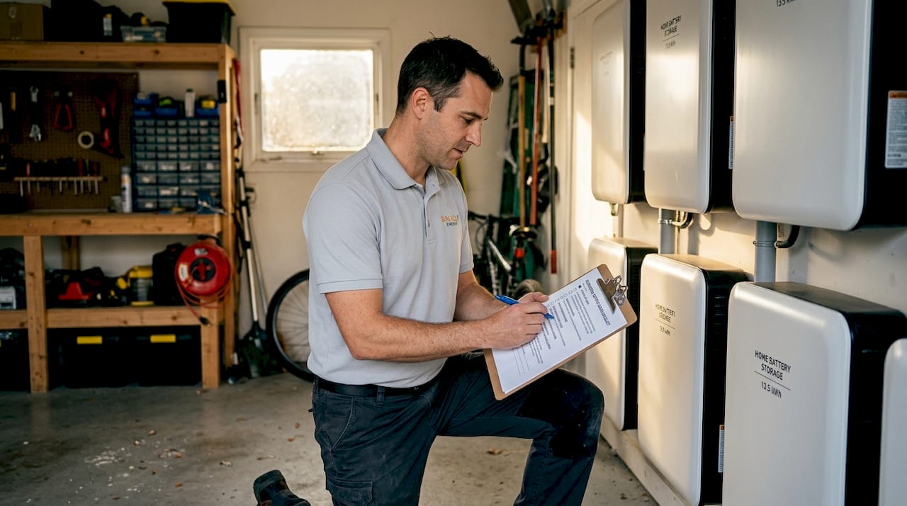Technician checking battery size in garage