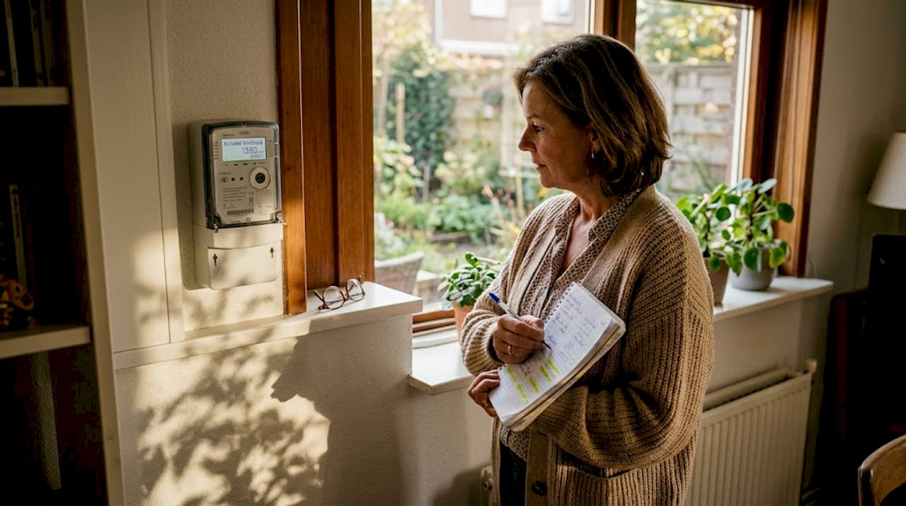 Een vrouw houdt thuis nauwkeurig de standen van haar slimme meter bij.