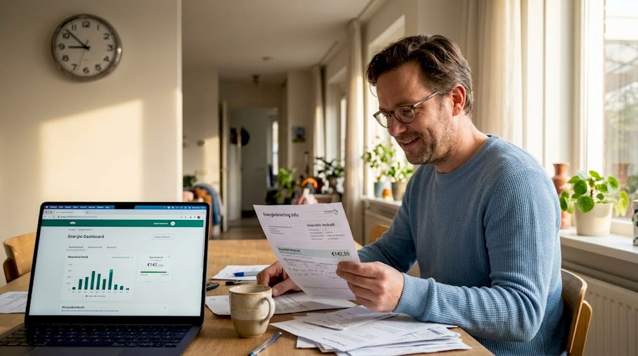 Thuis zit een man achter zijn laptop terwijl hij zijn energieverbruik bekijkt.