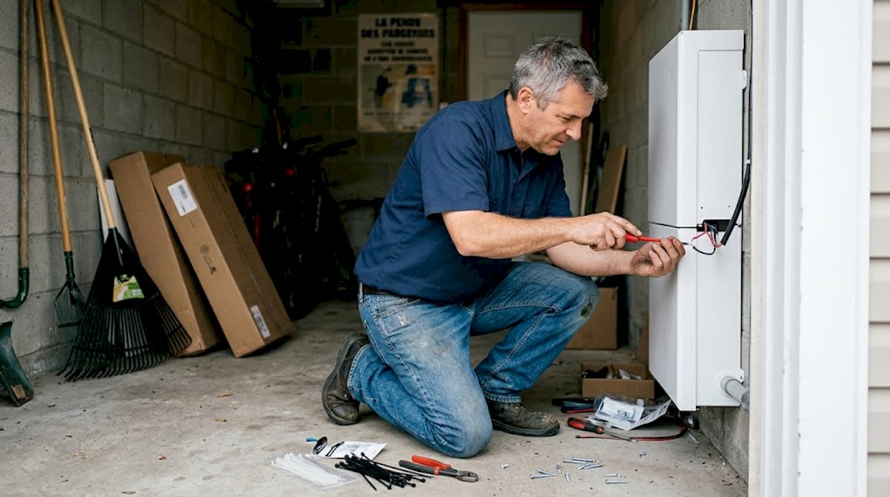 Un technicien procède à l’installation d’une batterie dans le garage.