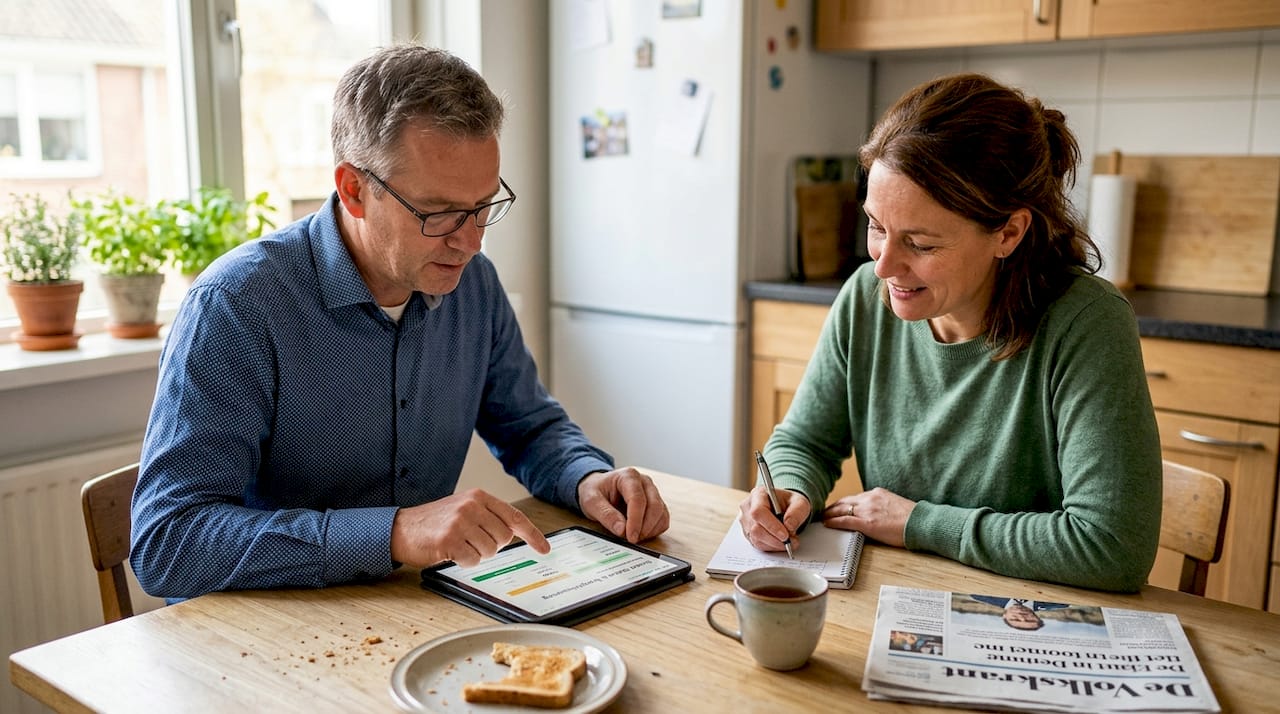 Een energieadviseur geeft een huiseigenaar advies in de keuken.
