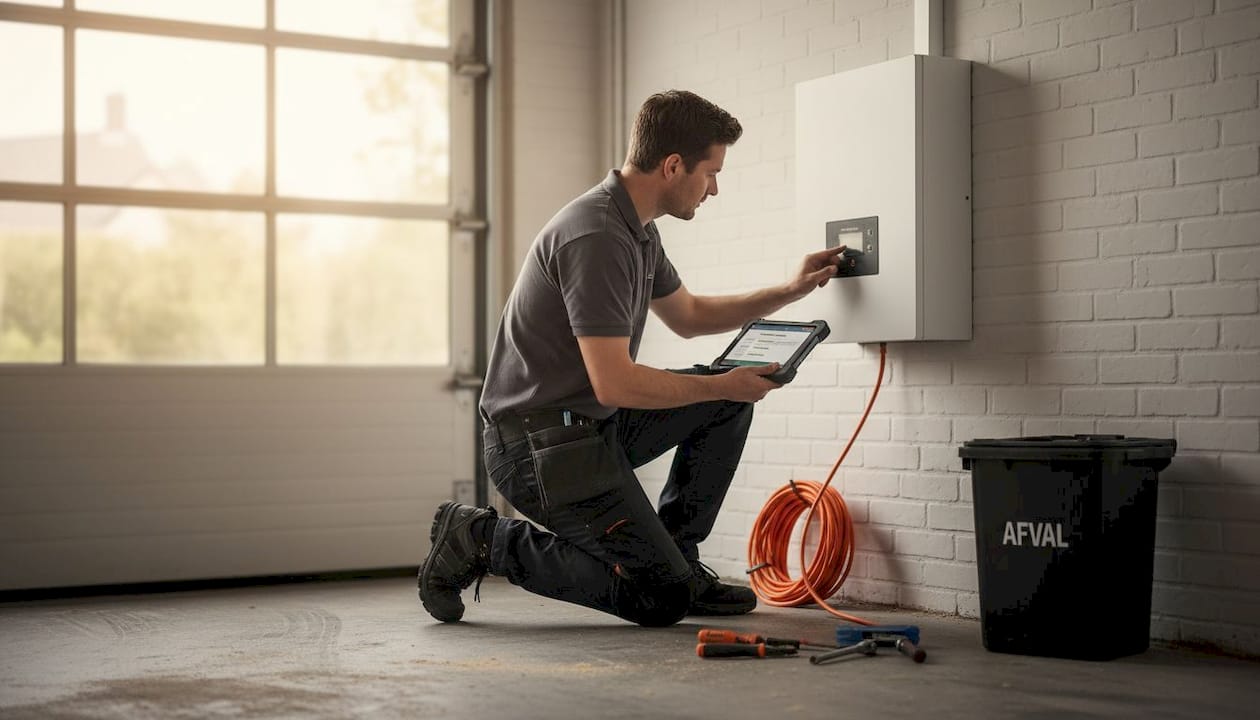 Een installateur stelt het opslagsysteem voor thuisbatterijen zorgvuldig in.