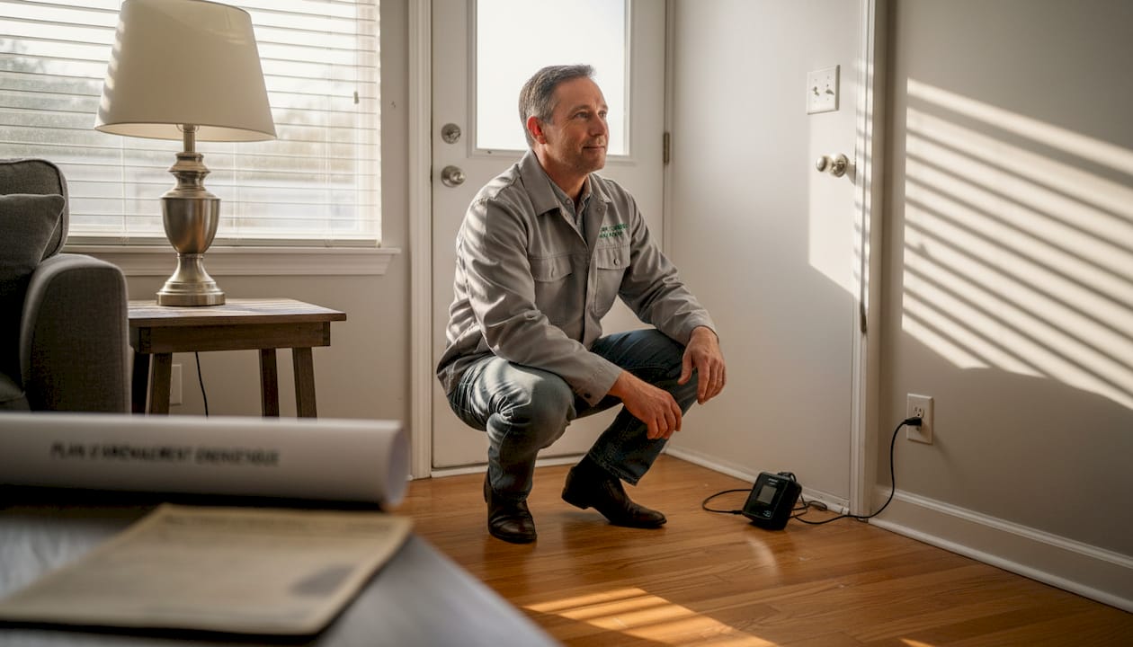 Un technicien surveille la consommation énergétique d’une maison bien isolée.