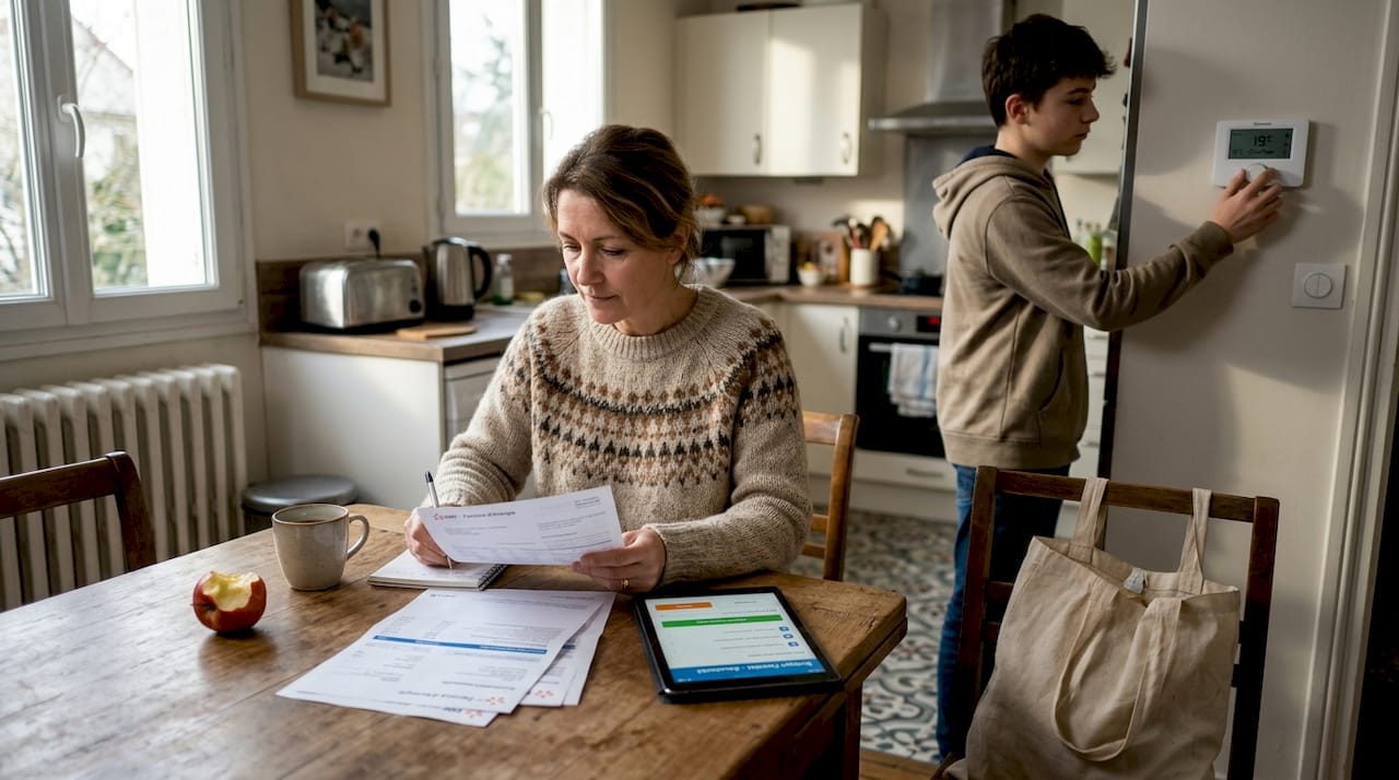 Une famille réunie autour de la table pour faire le point ensemble sur leurs factures d'énergie à la maison.