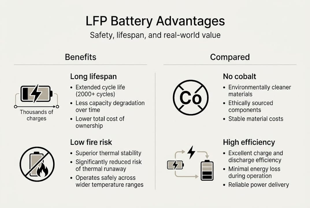 Infographic with LFP battery benefits and comparison