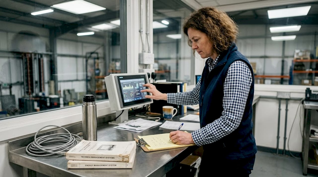 Engineer reviewing smart energy system screen