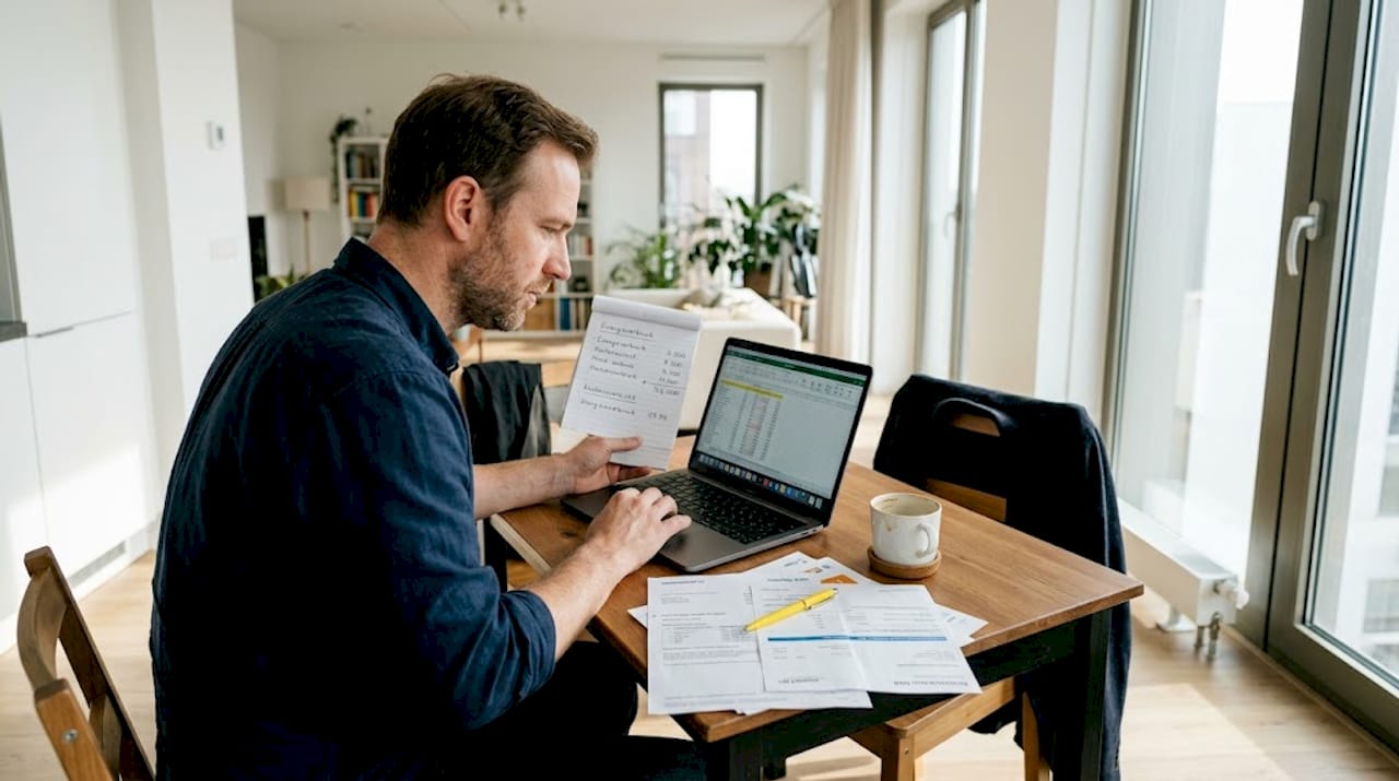 Man bekijkt zijn energieverbruik aan de keukentafel