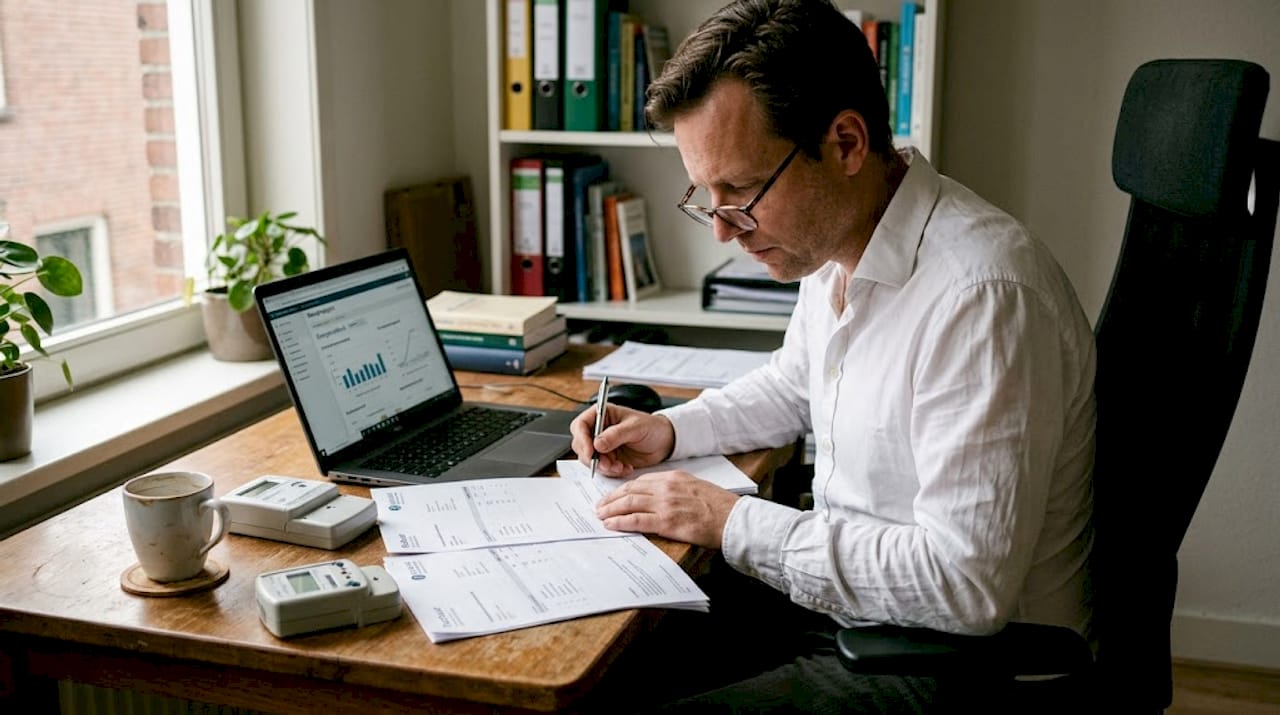 Een medewerker controleert het energieverbruik op kantoor.