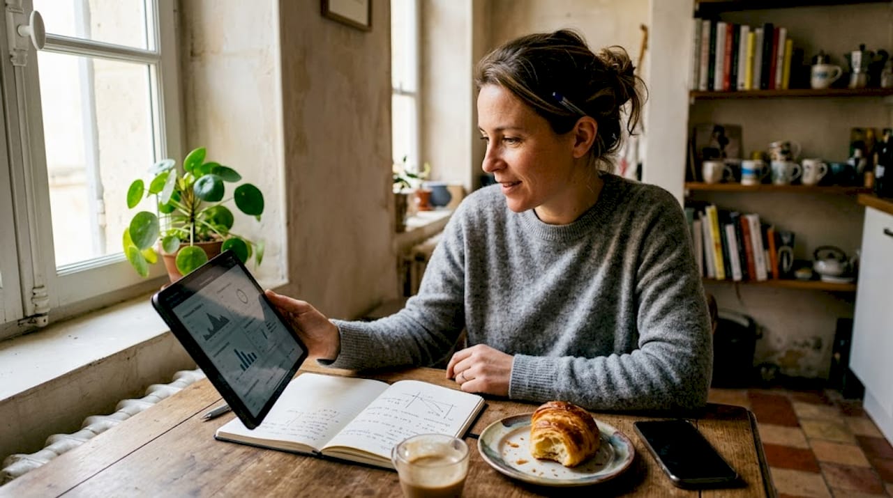 Une femme consulte les données de sa production solaire, assise à la table de sa cuisine.
