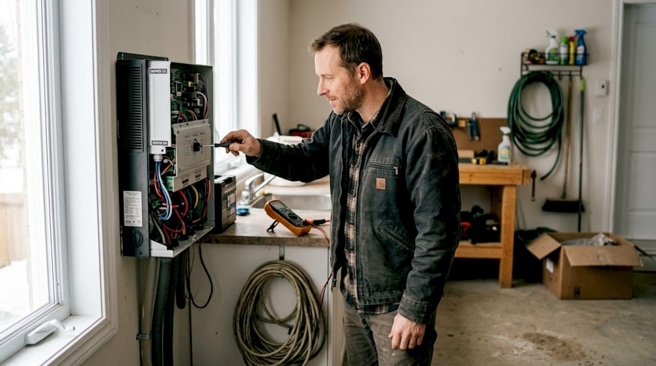 Un technicien procède au réglage d’un onduleur solaire dans le garage.