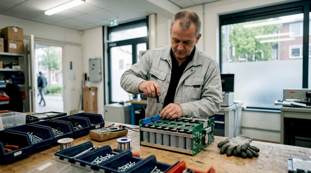 Dans l’atelier, un technicien procède à l’assemblage d’un module de supercondensateur.