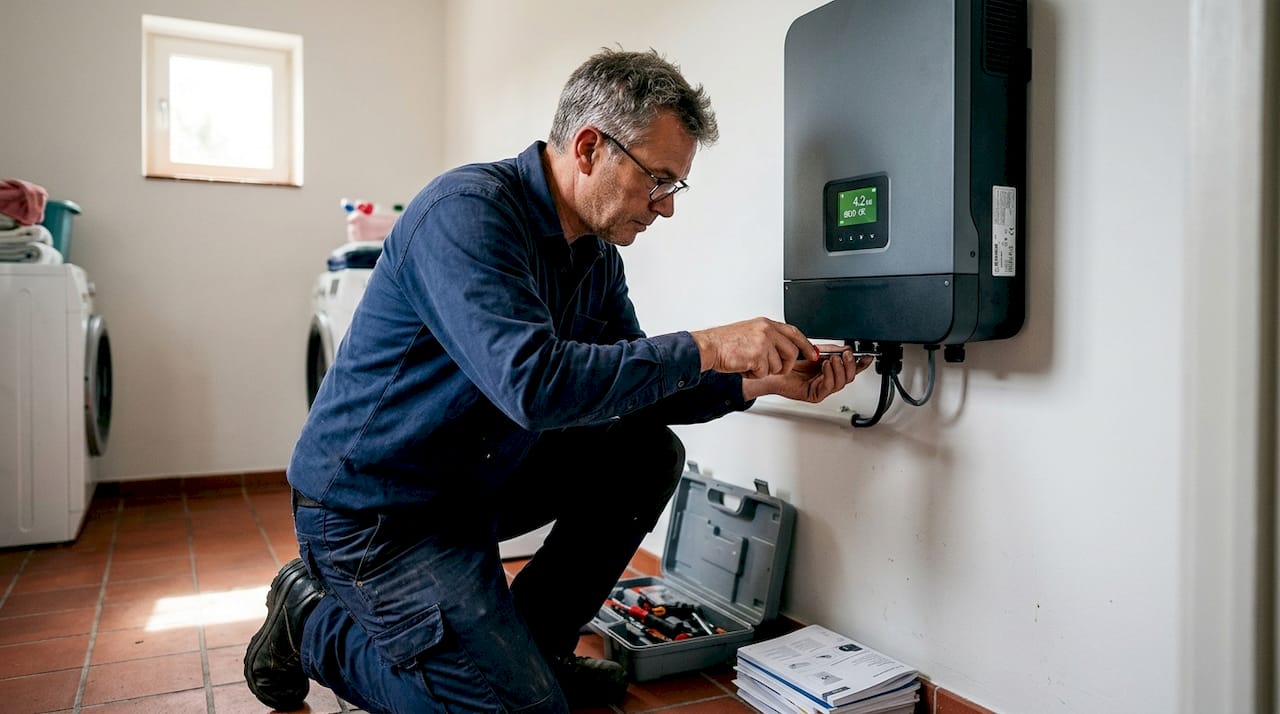 Technician installing solar inverter in Benelux home
