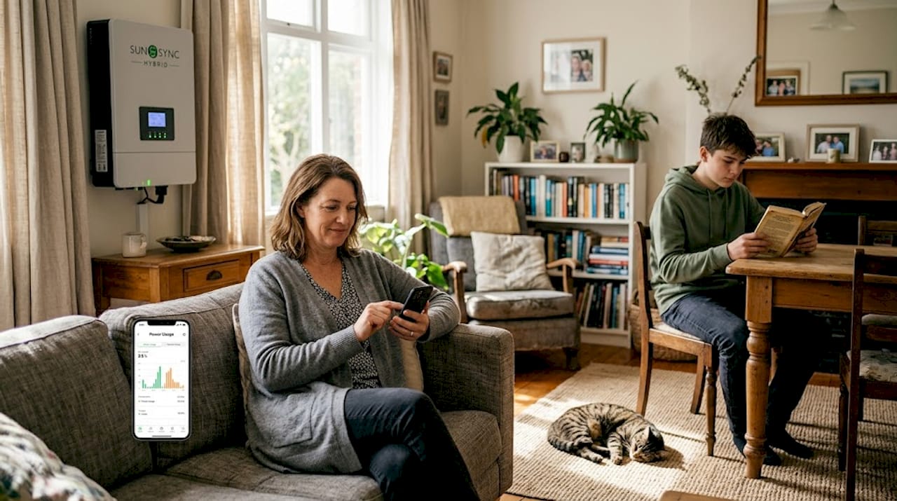 Family with hybrid inverter in living room