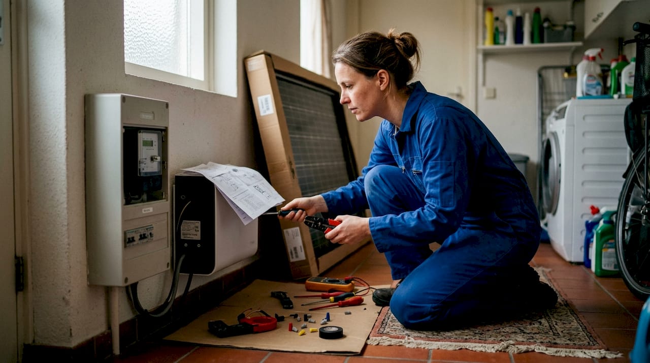 Een installateur plaatst duurzame energieoplossingen bij mensen thuis.