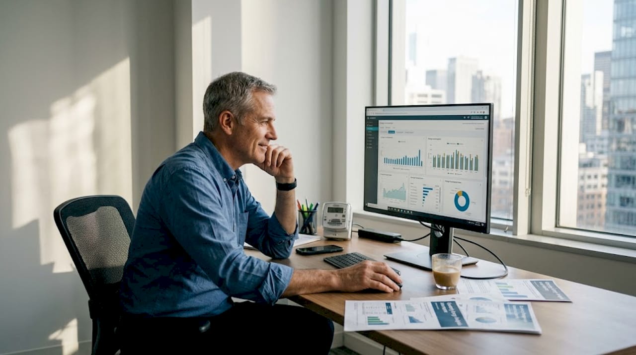 Office worker reviews energy dashboard at desk