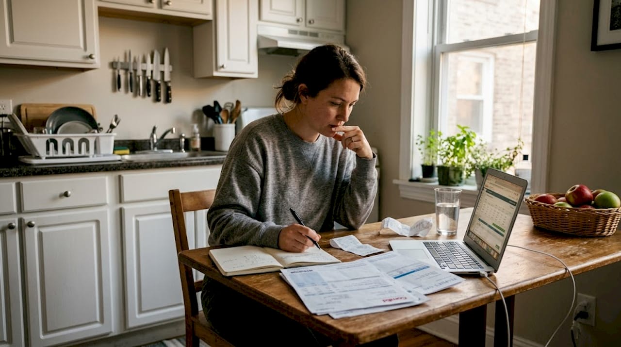 Homeowner reviewing electricity bills at kitchen table