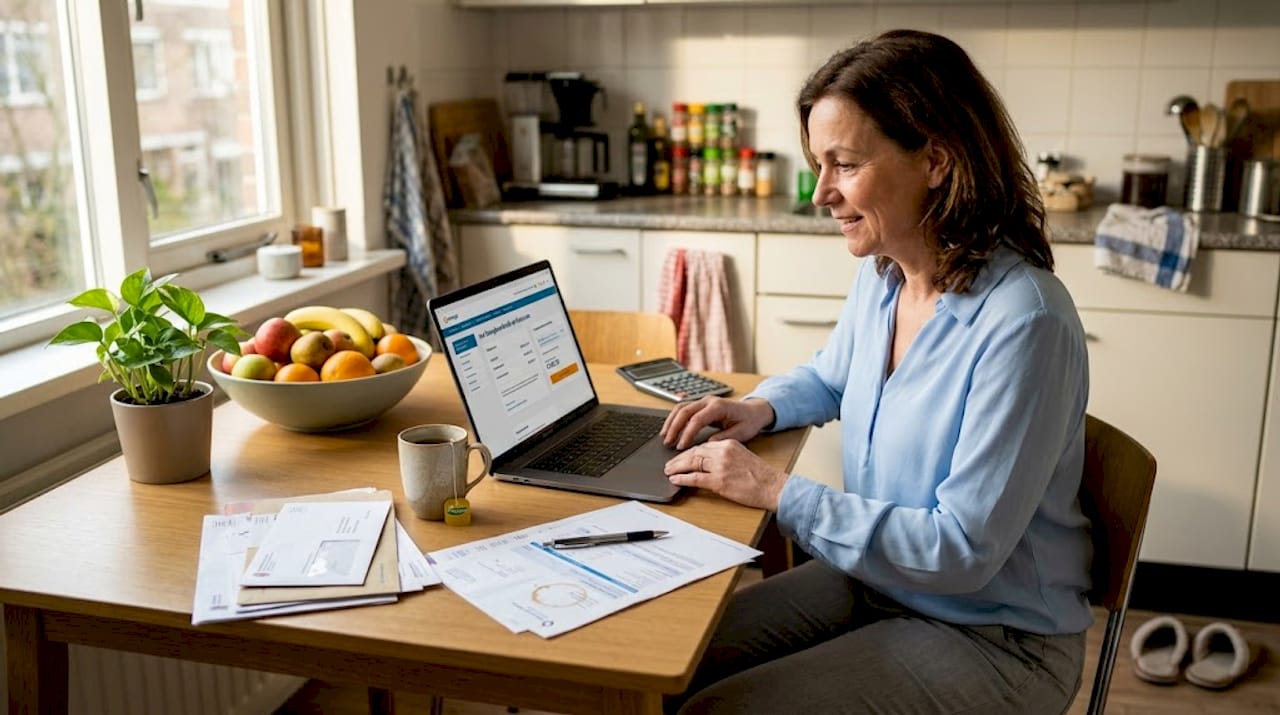 Een vrouw staat in de keuken haar energierekening aandachtig door te nemen.
