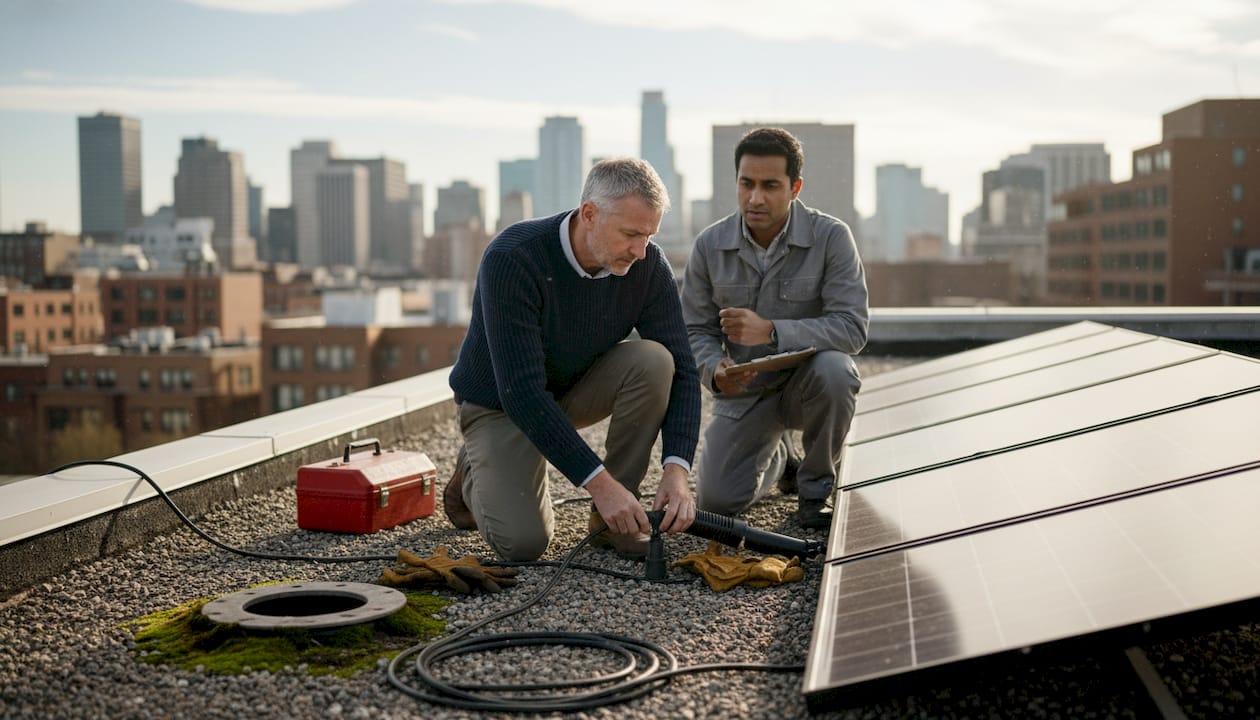 Een man is bezig met het installeren van zonnepanelen op het dak van een kantoorpand.