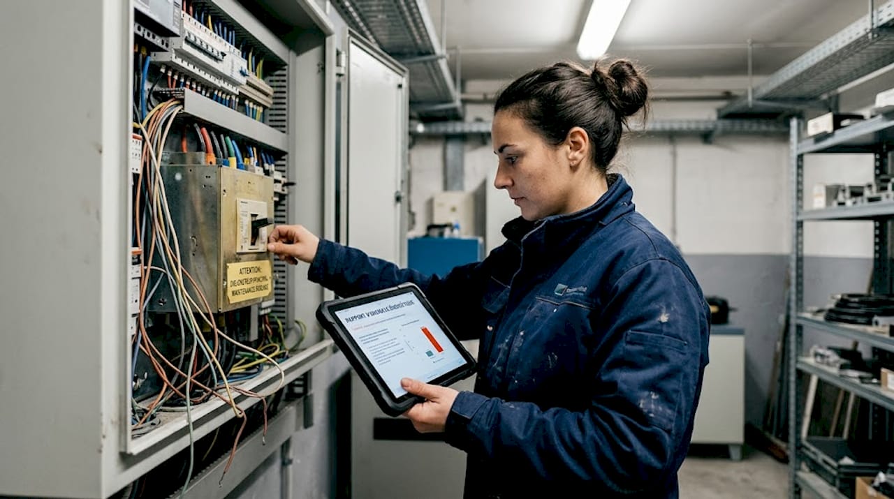 Une technicienne effectue le contrôle du tableau de supervision énergétique.