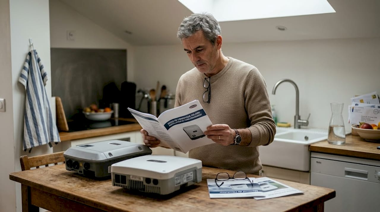 Un homme examine et compare différents équipements solaires chez lui