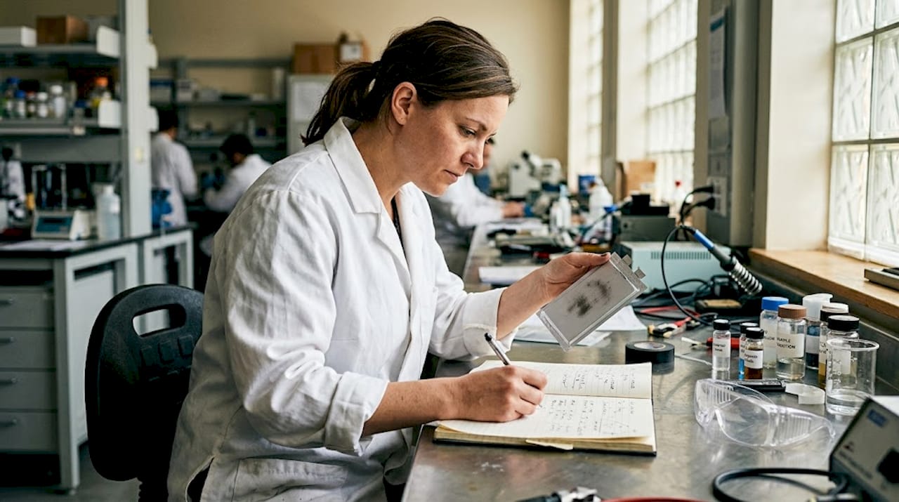 Technician inspecting graphene battery on workbench