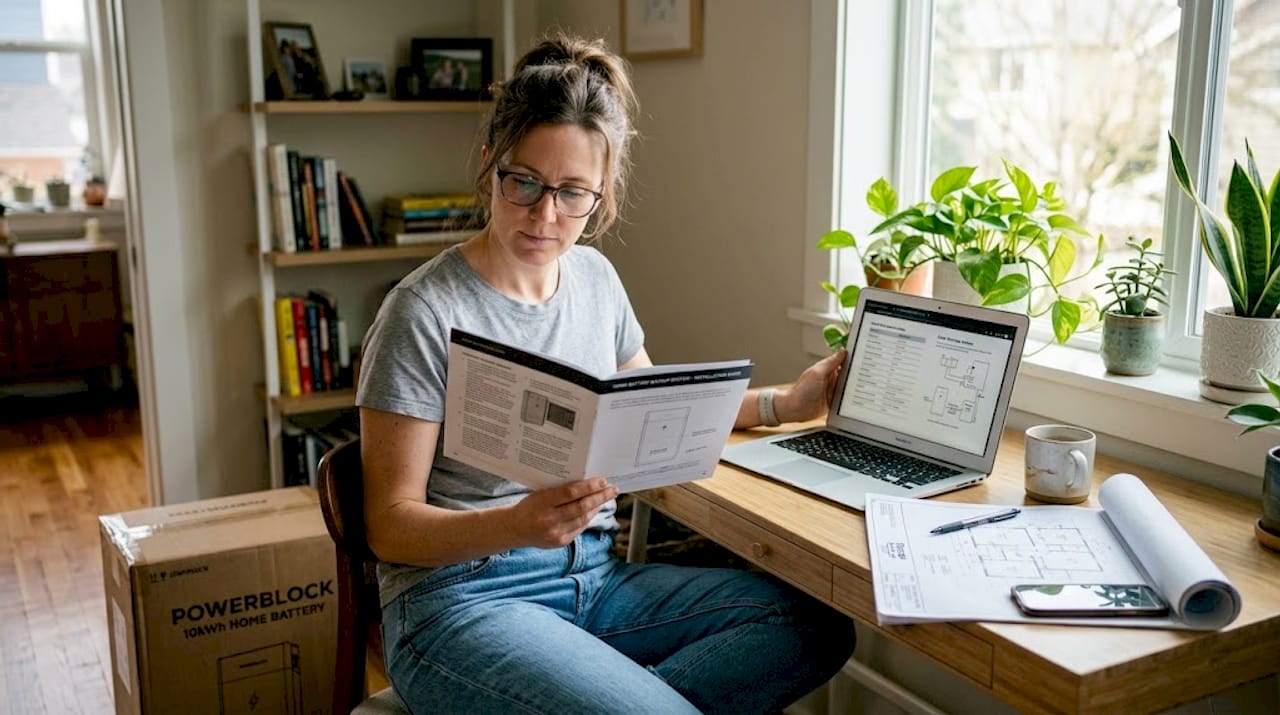 Woman comparing battery manual at desk