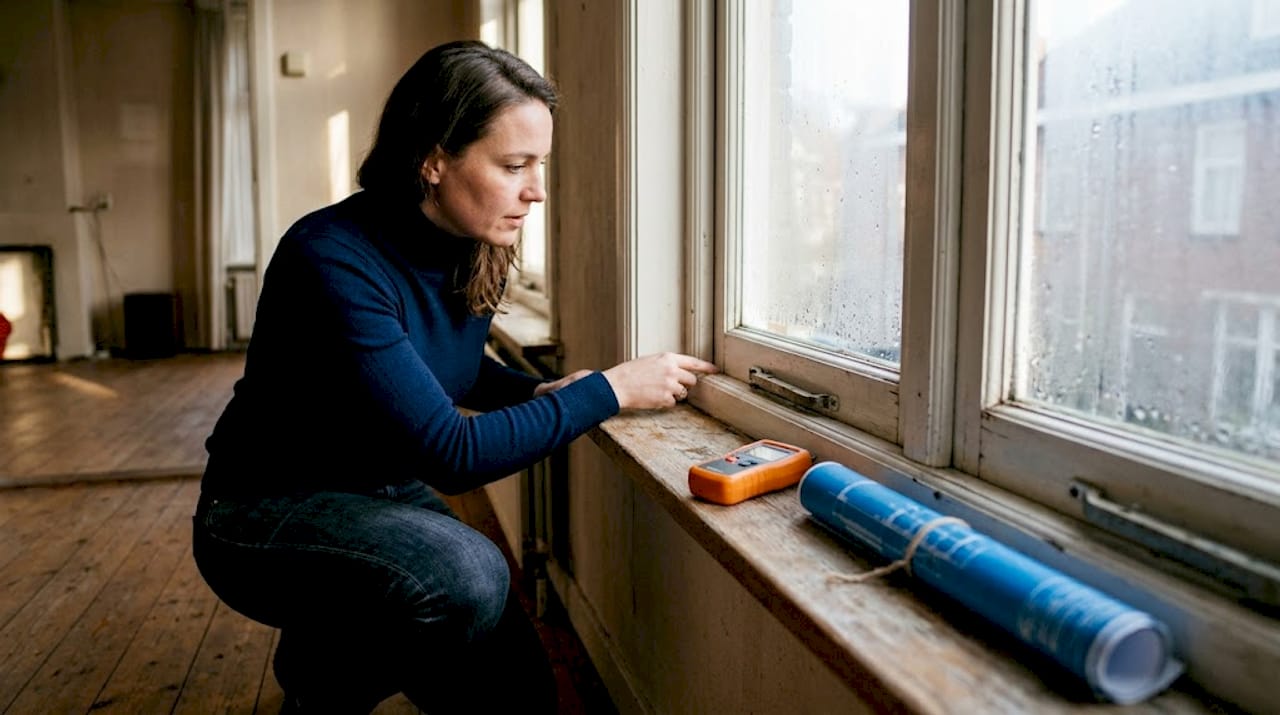 Een makelaar bekijkt de staat van de isolatie rondom het raam van de woning.