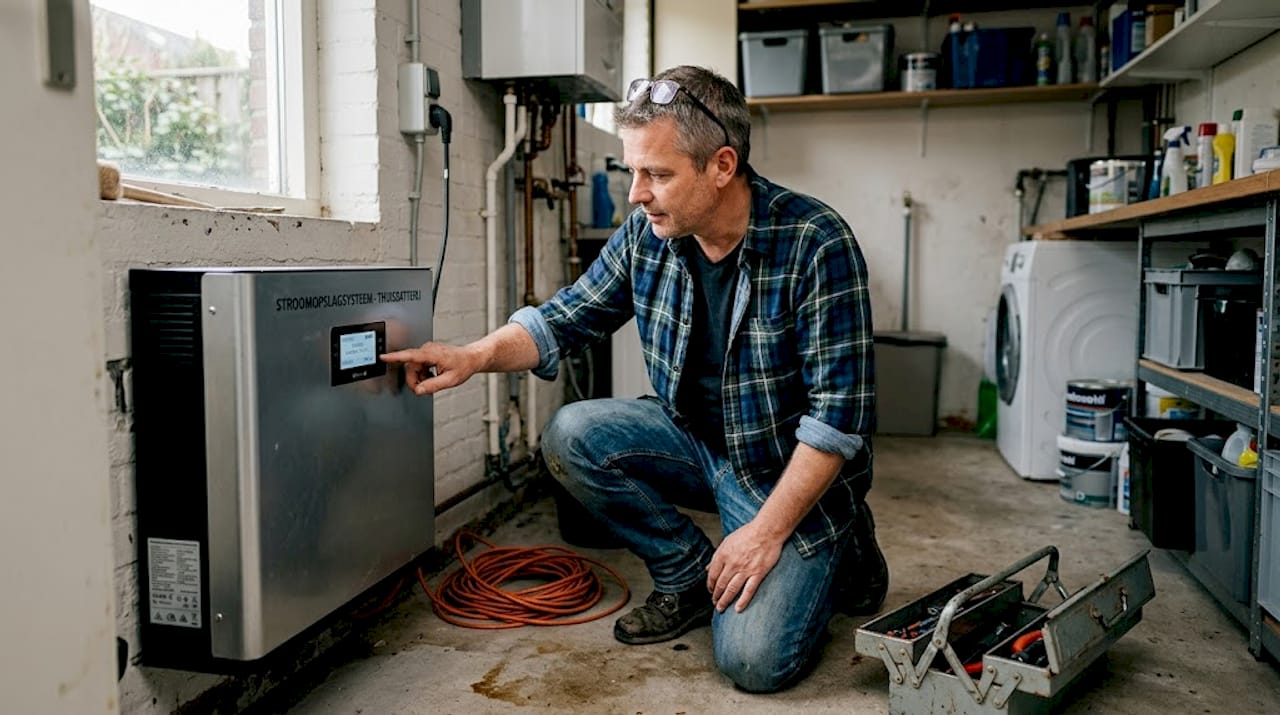 Een man houdt toezicht op het hybride opslagsysteem in zijn woning.