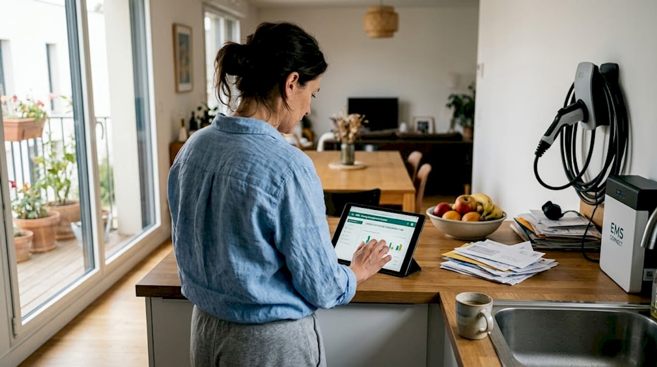 Une femme gère son énergie grâce à l’EMS dans sa cuisine.