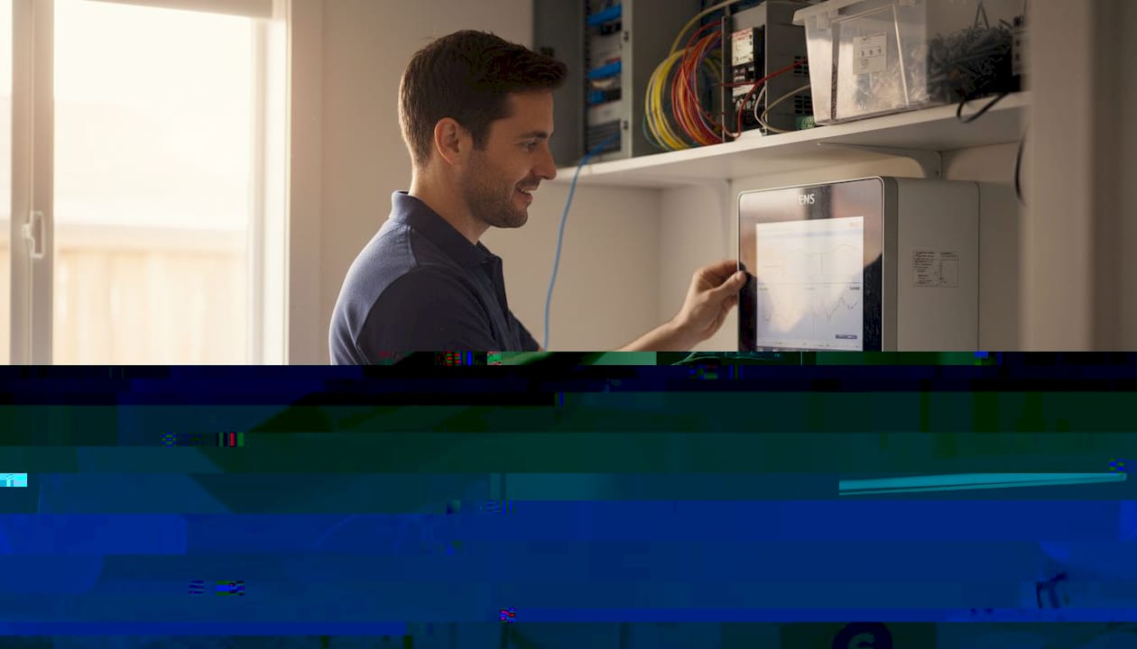 Un technicien procède à l'installation et au réglage d'un système EMS mural chez un particulier.