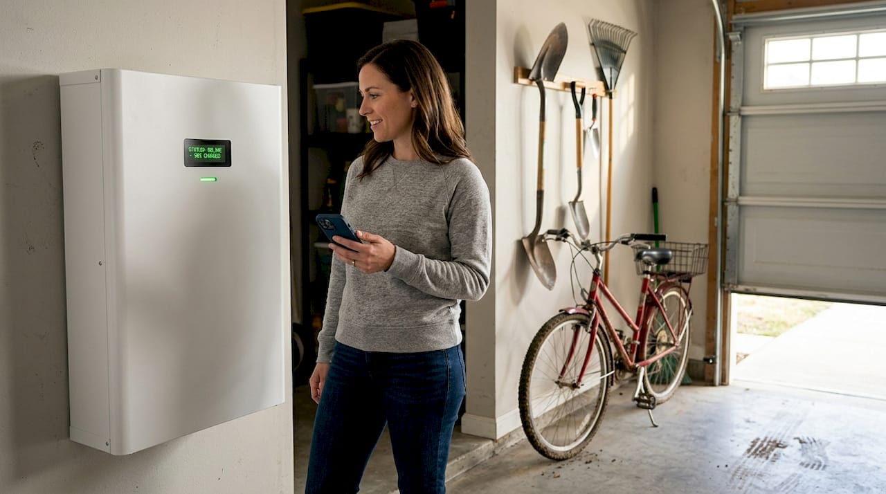 Homeowner checks wall battery in garage