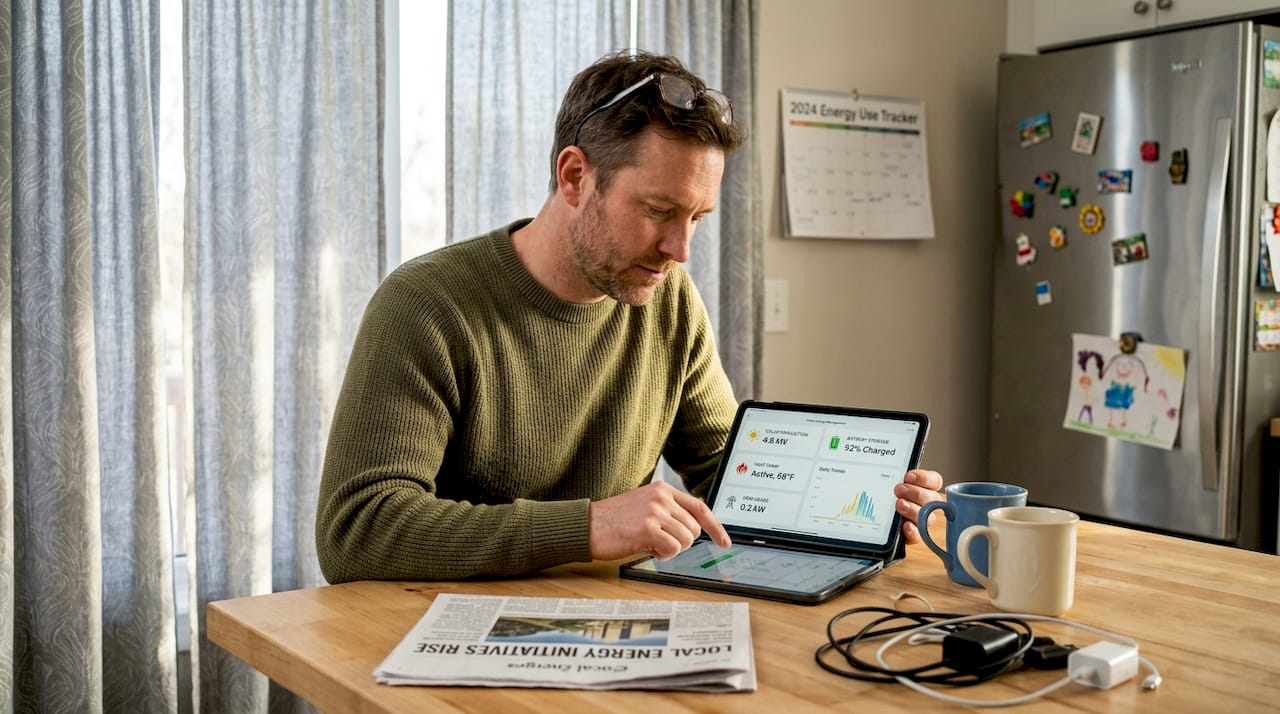 Man manages home energy on kitchen tablet