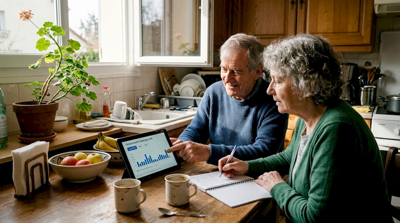 Un couple consulte les données de leur batterie domestique dans la cuisine.