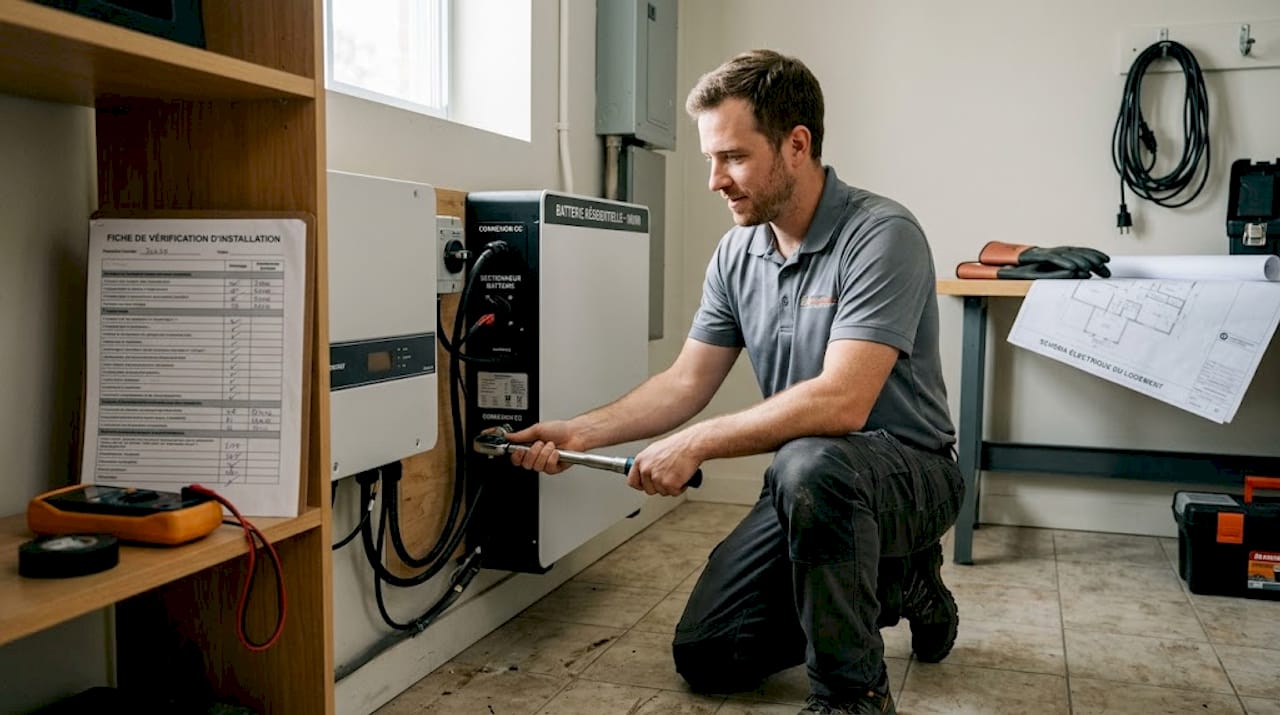 Un technicien procède à l’installation d’une batterie au lithium dans la buanderie d’une maison.