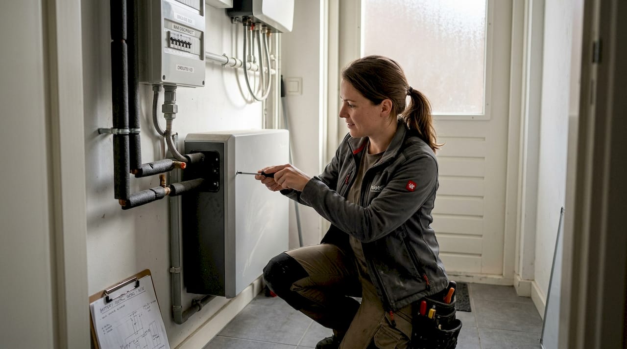 Technician maintaining home energy battery in Benelux
