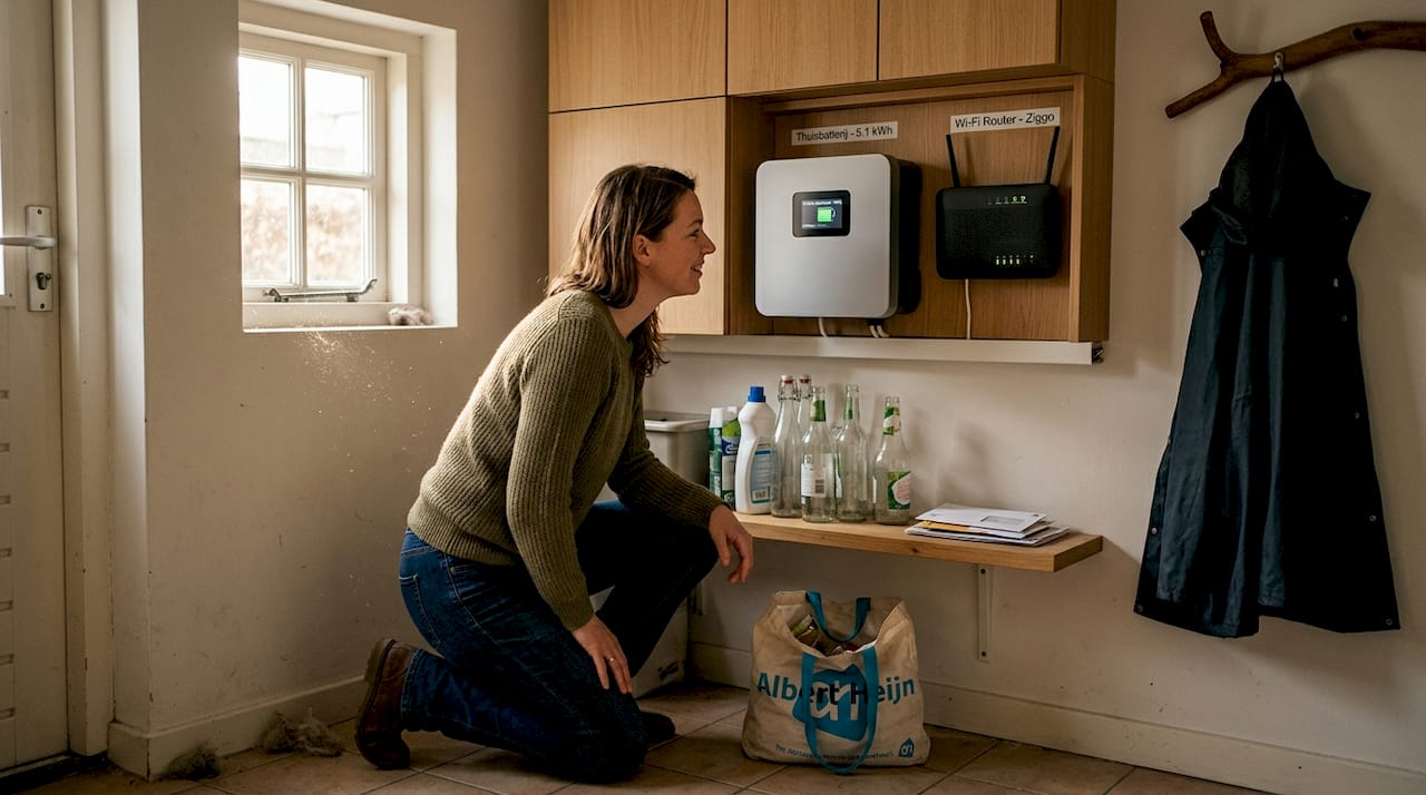 Vrouw kijkt in de bijkeuken of de thuisbatterij goed werkt