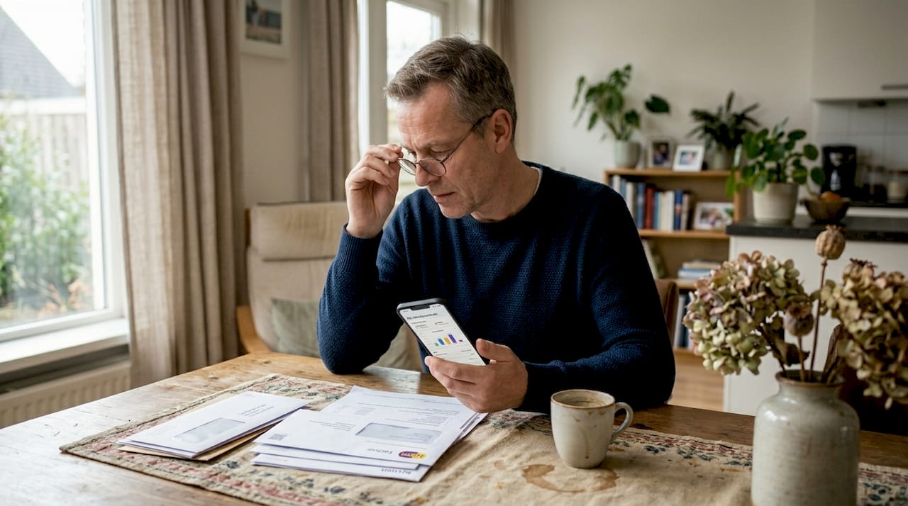 Man checkt zijn energieverbruik op een app aan de keukentafel