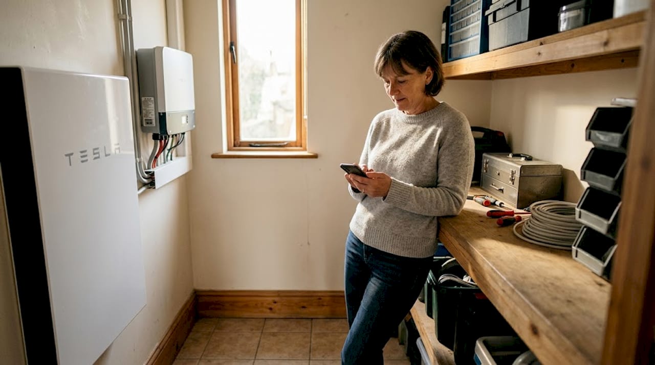 Homeowner checks energy management app in utility room