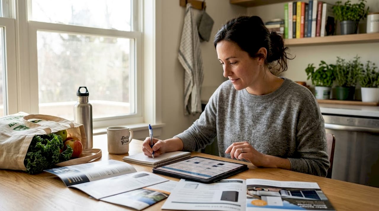 Woman researches battery storage options at kitchen table