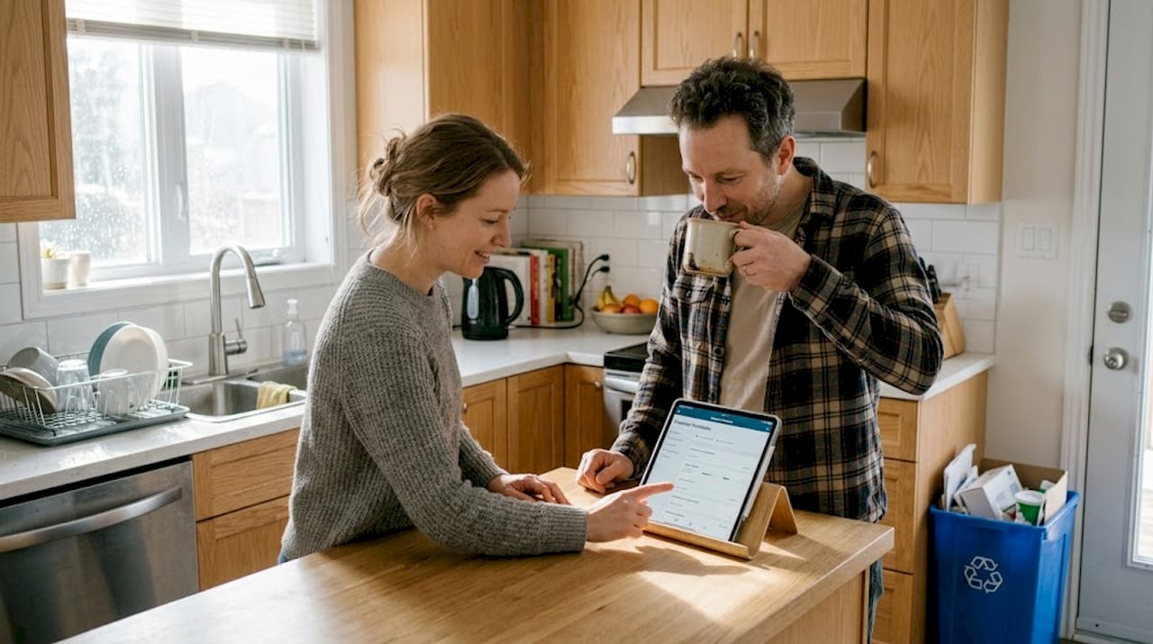 Un couple ajuste les réglages de leurs appareils connectés pour mieux gérer la consommation d’énergie dans leur cuisine.