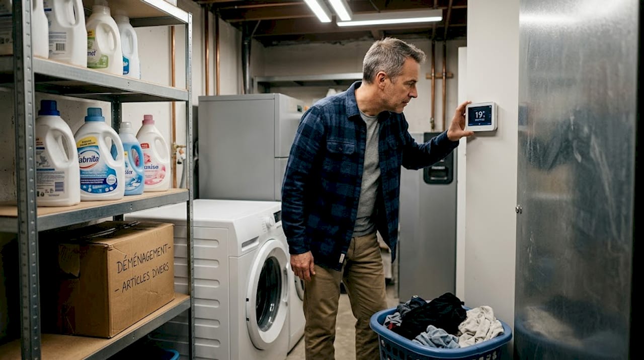 Propriétaire réglant le thermostat connecté à côté de la pompe à chaleur