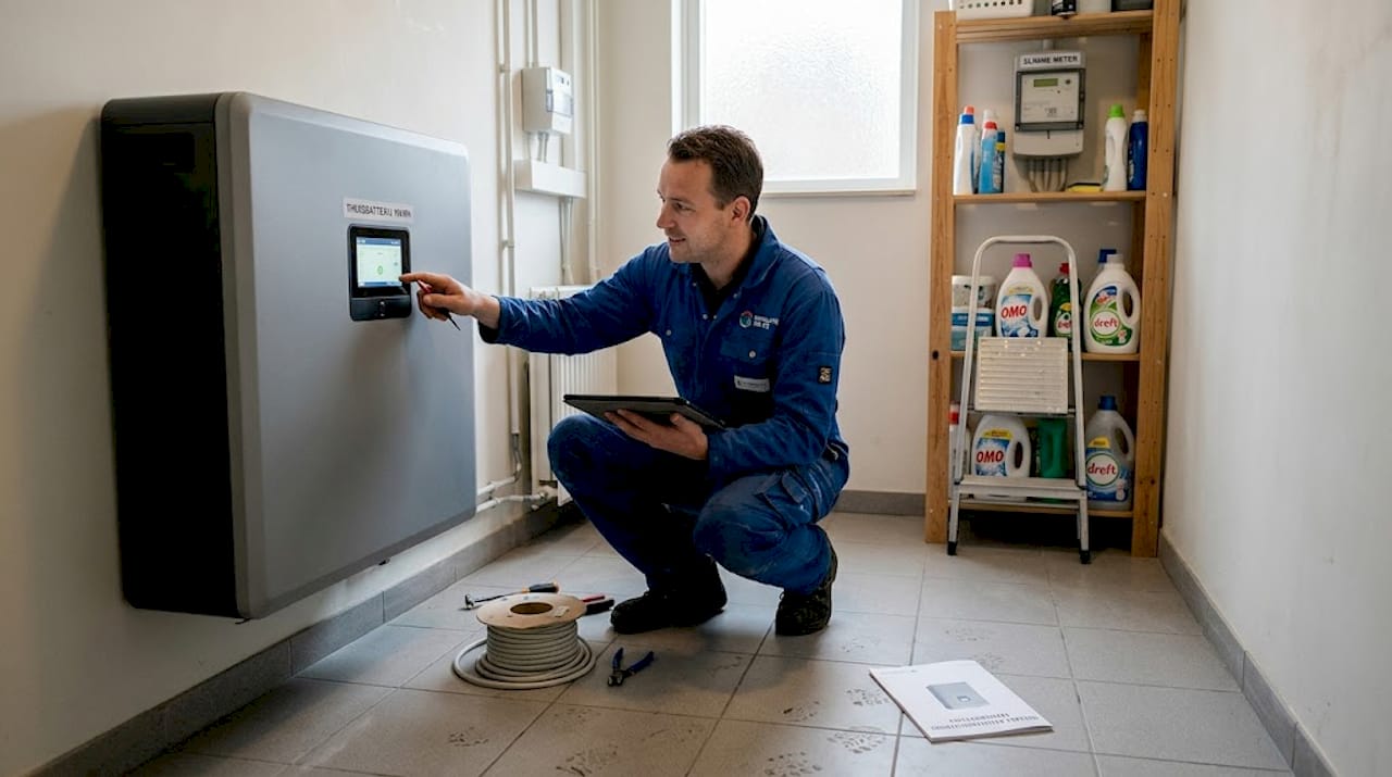 Een installateur plaatst een thuisbatterij in combinatie met een slimme meter.